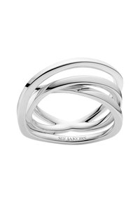 Silverring med sammanflätade band, med en slät och polerad yta samt en stilren, modern design. Graverad med "SIF JAKOBS."