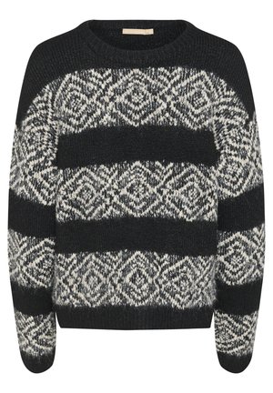 Pulover tricotat cu un model geometric alb-negru, cu dungi late. Gât rotund și țesătură moale, texturată.