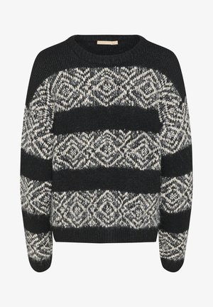 Pulover tricotat cu un model geometric alb-negru, cu dungi late. Gât rotund și țesătură moale, texturată.