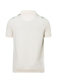 Koszulka polo z krótkim rękawem w odcieniu off-white, wykonana z teksturowanej tkaniny, z miętowymi akcentami na ramionach i klasycznym kołnierzykiem.