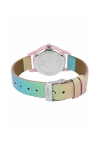 Runde Uhr mit einem pinkfarbenen Metallgehäuse, silbernem Rücken und einem mehrfarbigen Glitzerlederarmband. Verfügt über eine silberne Schnalle und Stufen. Wasserfest.