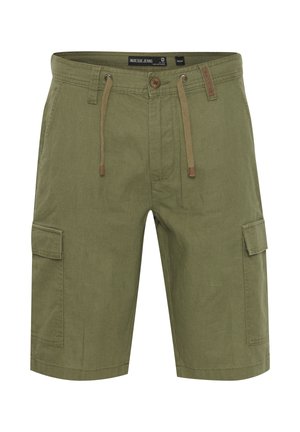 Olivgrüne Cargo-Shorts aus leichtem Stoff, mit einem Kordelzugbund, Knopfverschluss und Seitentaschen.