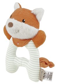 Fox-shaped soft toy in orange corduroy and plush fabric with green and white striped body, featuring embroidered details and a tied tail.