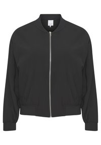 Čierna bomber bunda s okrúhlym golierom, plným predným zipsom, elastickými manžetami a zberaným lemom; hladká textúra, minimalistický dizajn.