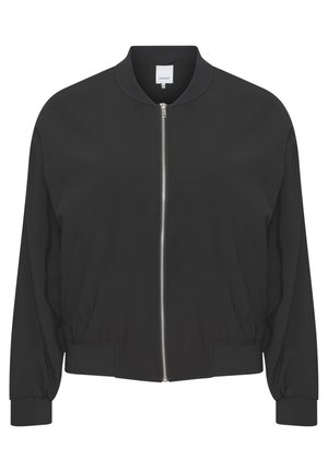 Sort bomberjakke med rundt krave, fuld frontlynlås, elastiske manchetter og en samlet nederkant; glat tekstur, minimalistisk design.