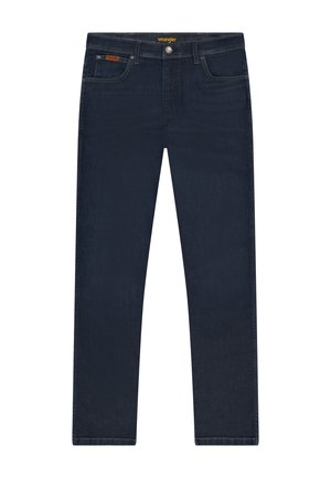 Donkerblauwe Wrangler jeans met rechte pijpen, vijf zakken, een knoopsluiting en merkgesteeksel op de tailleband en het muntzakje.