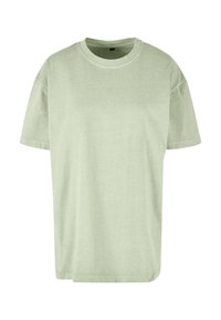 T-shirt vert clair à manches courtes et col rond, coupe décontractée, présenté sur fond blanc.