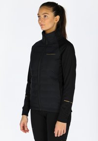 Gilet imbottito nero con colletto alto, caratterizzato da una zip frontale e dettagli dorati. Il tessuto ha una texture liscia e un design aderente.