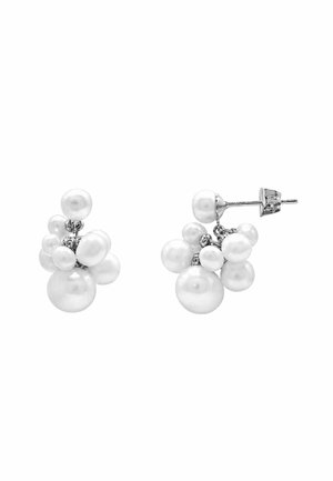 Silver stud earrings with clusters of various-sized white pearls attached to each post.