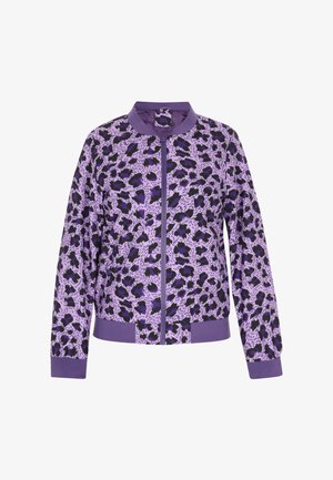 Lilla bomberjakke med leopardprintmønster i sort og lilla. Ribbet krave og manchetter med lynlås foran. Blød tekstur.
