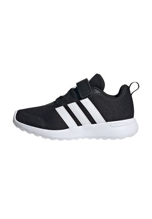 Scarpa sportiva nera in mesh con suola bianca, tre strisce bianche laterali, lacci e una fascia in velcro nera sopra.