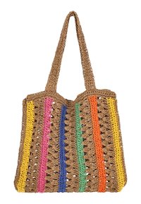 Geflochtene Strohtasche mit mehrfarbigen Streifen in Pink, Grün, Blau, Orange und Gelb. Verfügt über zwei stabile, geflochtene Griffe. Schlichtes, offenes Design.
