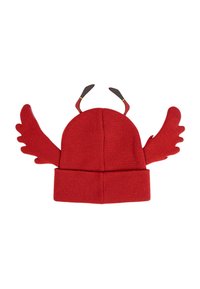 Berretto lavorato a maglia rosso con un risvolto, caratterizzato da due accenti a forma di ala ai lati e un paio di piccole chele di aragosta marroni sulla parte superiore.