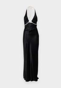 Black satin dress with a deep V-neck, white accent under the bust, and tie straps at the back. Features a fitted silhouette and floor length.