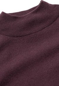 Burgunderfarbener Pullover mit hohem, geripptem Kragen. Aus weichem, strukturiertem Stoff gefertigt, der feine Strickdetails und eine glatte Oberfläche zeigt.