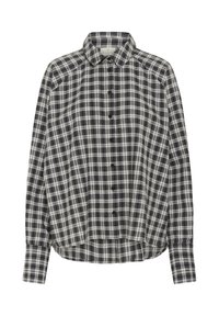 Black and white plaid shirt, made of soft fabric, features long sleeves, a collared neck, and a button-down front with a rounded hem.