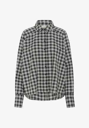 Black and white plaid shirt, made of soft fabric, features long sleeves, a collared neck, and a button-down front with a rounded hem.