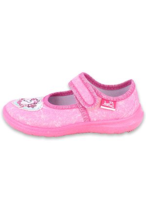 Pinke Stoff-Mary-Jane-Schuhe mit Klettverschluss, verziert mit einem Einhorn-Patch, strukturierten Oberflächen und gepolsterter pinker Sohle.