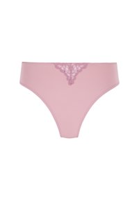 Culotte en coton rose avec des détails en dentelle à l'avant, texture lisse et coutures discrètes le long des bords. Design simple et coupe classique.