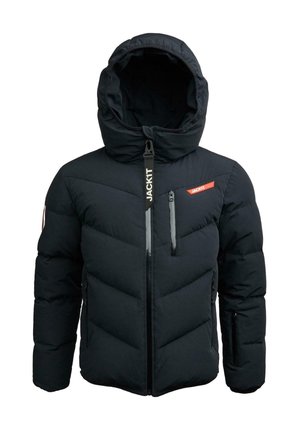 Schwarze gefütterte Winterjacke mit Kapuze, Front- und Brusttaschen mit Reißverschluss sowie "JACKIT"-Logo an den Reißverschlüssen und auf der Brust.