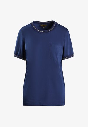 Navy blue t-shirt featuring a round neck with a golden logo band, short sleeves, and a chest pocket on the left side. Smooth texture.