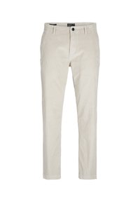 Beige corduroy broek met een rechte pijpdesign, voorzien van een knoopsluiting en subtiele verticale ribbels voor textuur.