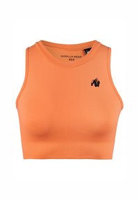 Oranje sportieve crop top van rekbare stof met een aansluitend ontwerp. Heeft een ronde halslijn en een zwart gorilla logo op de linkerborst.