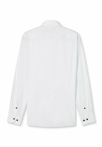 Weißes Langarmhemd mit klassischem Kragen, glatter Textur und schwarzen Knopfakzenten an den Manschetten. Rückansicht dargestellt.