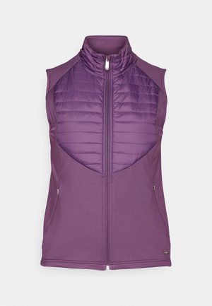 Gilet viola senza maniche con collo alto, caratterizzato da un pannello frontale trapuntato e lati lisci, chiusura con zip e due tasche laterali.