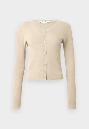 Beige ribbed cardigan with long sleeves and V-neck. Features six button closures down the front and a fitted silhouette. Soft texture.
