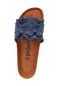 Marineblå slip-on sandal med rynket ruskindsrem, brun lædersål, og tekstureret ydersål. Med mærkning på indersålen.