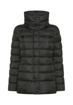 Veste matelassée noire avec un col montant, présentant un design matelassé et des fermetures à boutons. Tissu en nylon lisse avec une finition brillante.