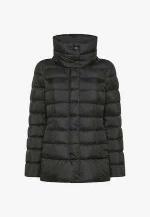 Giacca a vento nera con collo alto, caratterizzata da un design trapuntato e chiusure con bottoni. Tessuto in nylon liscio con finitura lucida.