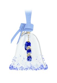 Przezroczysta szklana kopuła z jasnoniebieską wstążką, wypełniona niebieskimi kryształami i ozdobnymi niebiesko-złotymi koralikami zawieszonymi wewnątrz.