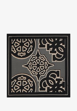 Écharpe en soie noire ornée de motifs complexes en beige, comprenant des motifs géométriques et floraux, avec un bord et une marque.