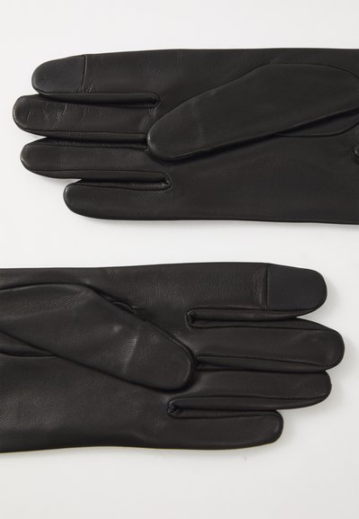 Une paire de gants en cuir noir pour écran tactile posés à plat, montrant la texture lisse et les détails de couture sur les doigts et les pouces.
