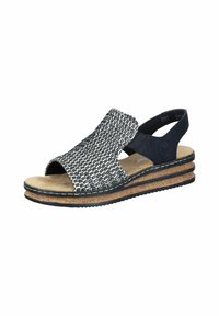 Woven fabric sandal with open toe and side cutouts, featuring dark blue and white tones, a cork sole, and a textured back strap.