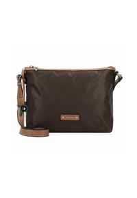 Borsa a spalla in nylon marrone con chiusura a zip, dettagli in pelle tan e tracolla regolabile. Presenta una placca metallica con logo.