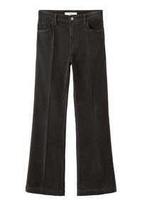 Pantaloni evazați din catifea cu reife maro închis, cu nasturi în față și buzunare, afișați întinși pe un fundal alb.