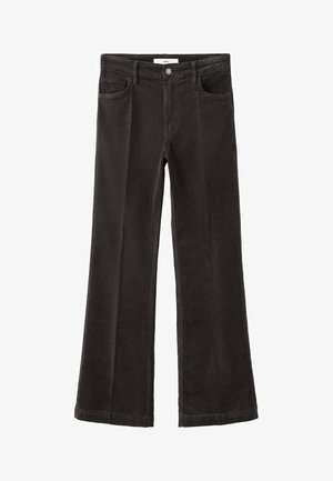 Tmavohnedé široké manšestrové nohavice s predným gombíkom a vreckami, zobrazené na bielom pozadí.