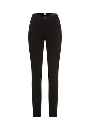 Schwarze Skinny-Jeans aus Denim mit mittelhoher Taille, ausgestattet mit einem vorderen Knopfverschluss, Gürtelschlaufen und zwei Vorderseite Taschen. Glatte Textur.