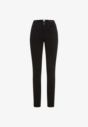 Schwarze Skinny-Jeans aus Denim mit mittelhoher Taille, ausgestattet mit einem vorderen Knopfverschluss, Gürtelschlaufen und zwei Vorderseite Taschen. Glatte Textur.