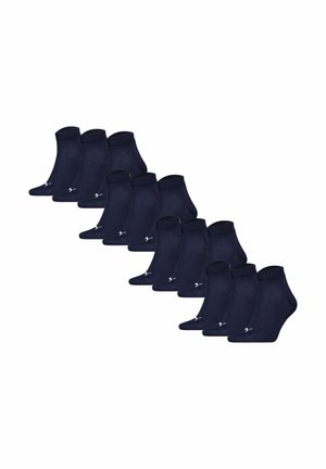 Pakka 12 ankle-sukkaa tummansinisinä, joissa on ribbireuna ja sileä pinta, sekä pieni logo korostus jokaisessa sockissa.