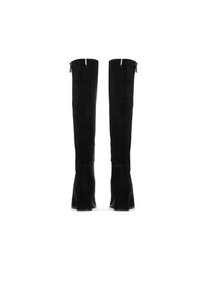 Black suede over-the-knee boots with a smooth texture, featuring a low block heel and a zipper detail at the back for easy wear.