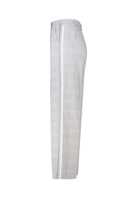 Grijze geruite broeken met een rechte snit, voorzien van een contrasterende zijstreep en een gladde textuur. Inclusief een elastische tailleband met riemlussen.