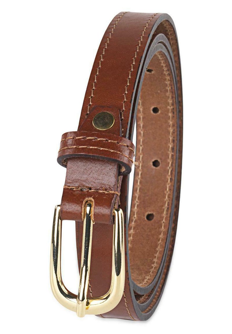 Cinturón de cuero marrón con hebilla de metal dorado. Presenta detalles de costura y varios orificios de ajuste. Textura suave con un acabado brillante.