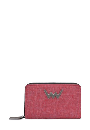 Red fabric wallet with a textured surface, featuring a gray logo accent and a zip closure. Includes a zipper pull for easy access.