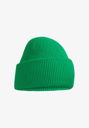Bright green ribbed knit beanie hat with a folded brim, shown against a white background.