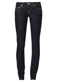 Mörkblå denim skinny jeans med en slät yta, femficksdesign och gula sömmar längs sömmarna. Metalldetalj för stängning.