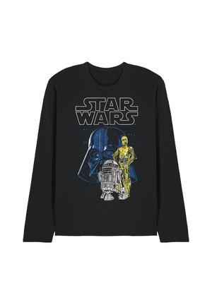 Schwarzes Langarmshirt mit Star Wars-Logo, mit großem blauem Darth Vader-Helm und kleineren R2-D2- und C-3PO-Droiden darunter.